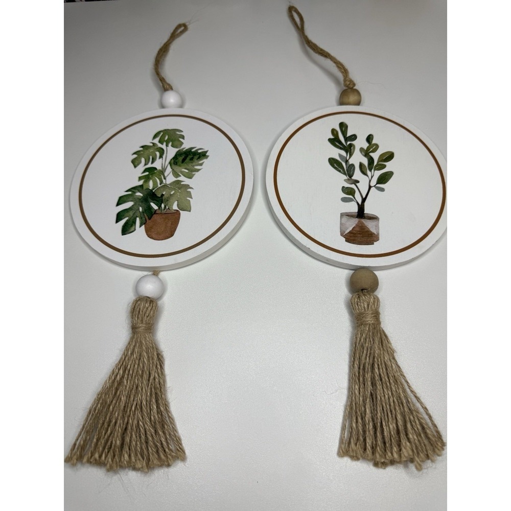 Set of‎ 2 Wooden Plant Wall Hanging Decor Round Signs Tassel Boho Farmhouse